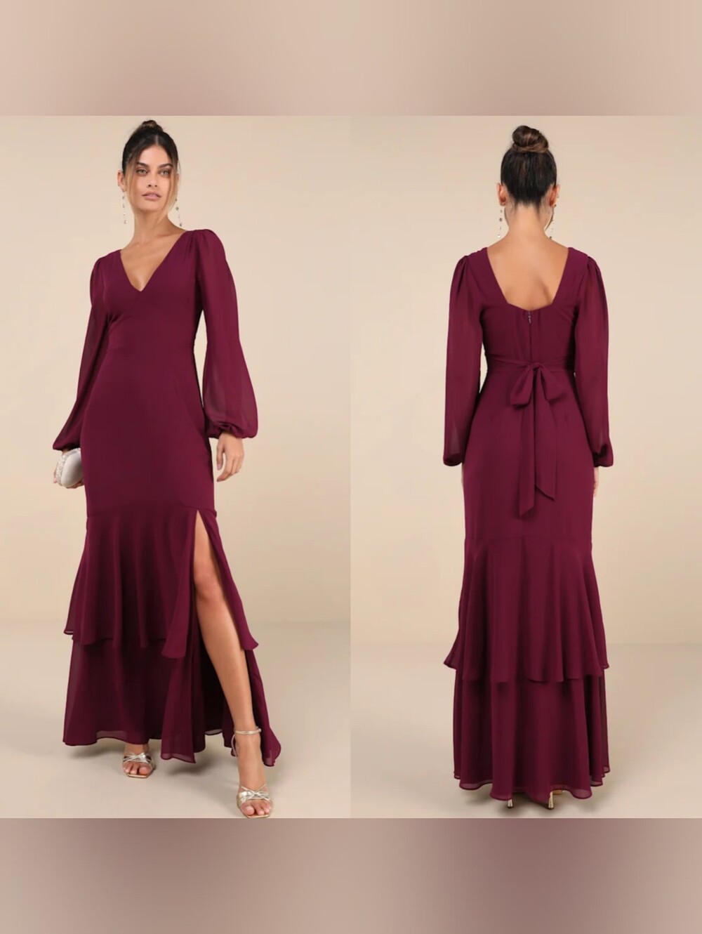 Lulus Tier Elegance Plum Purple Long Sleeve Tiered Maxi Dress XL Wedding Party